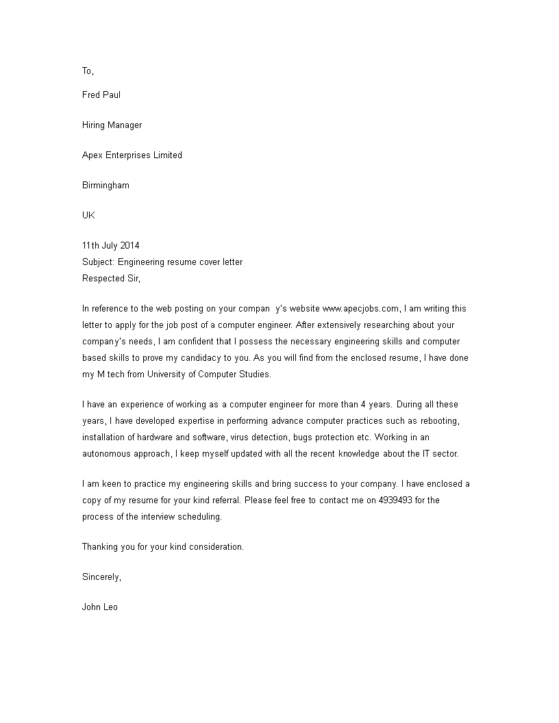 Work Experience Cover Letter