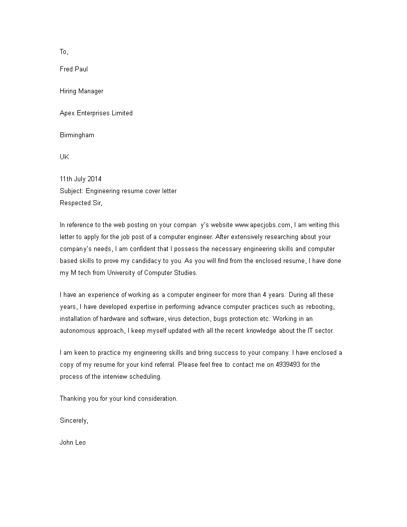 work experience cover letter template