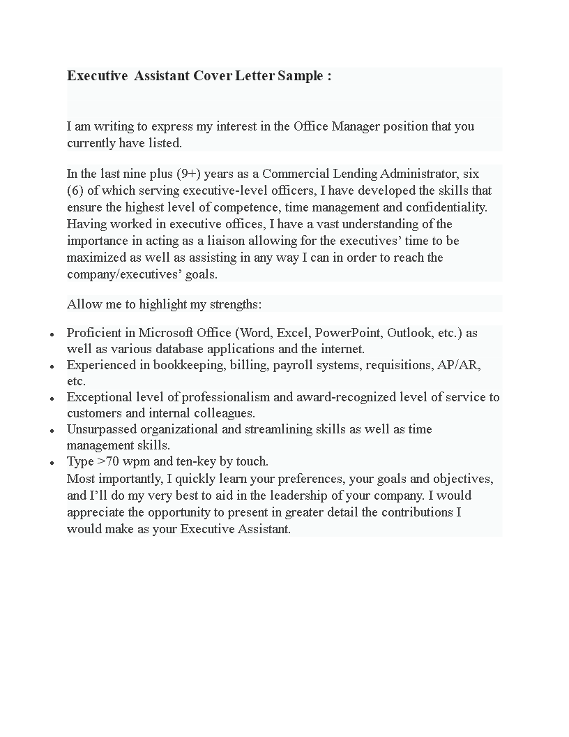 Kostenloses Executive Assistant Application Cover letter example