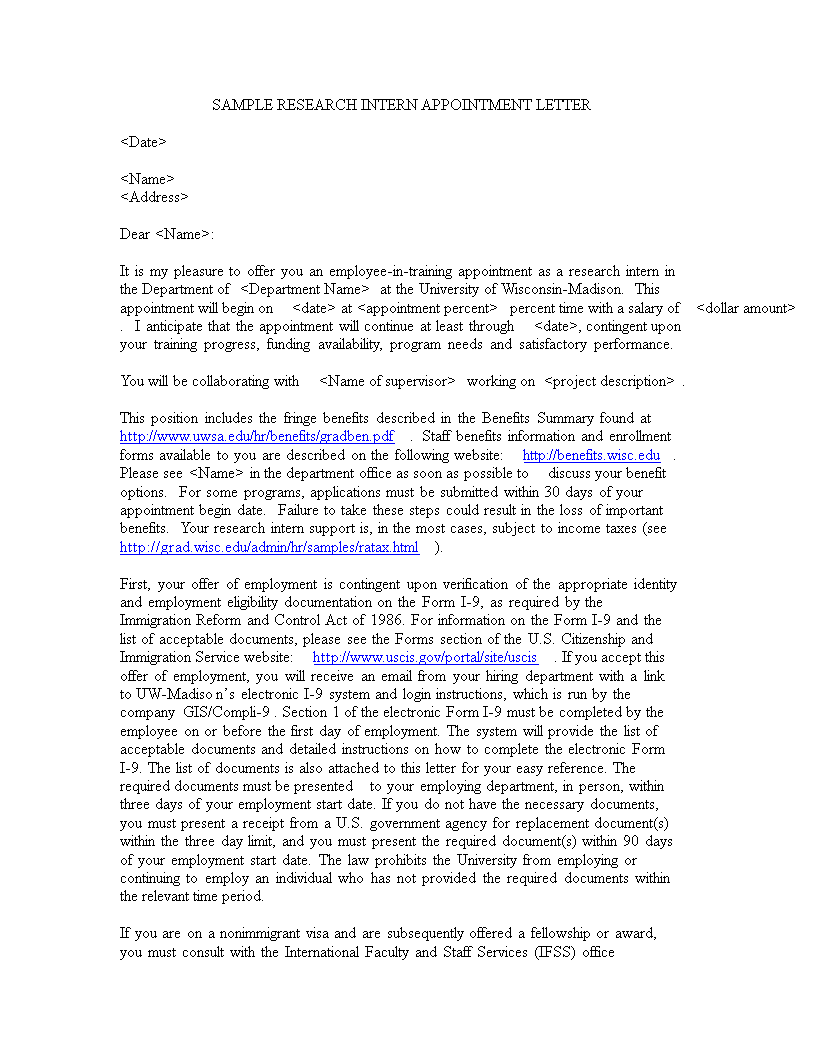 sample research intern appointment letter Hauptschablonenbild
