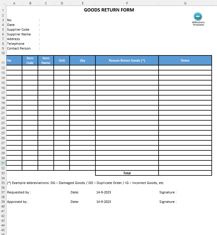 Goods Return Form Excel 模板