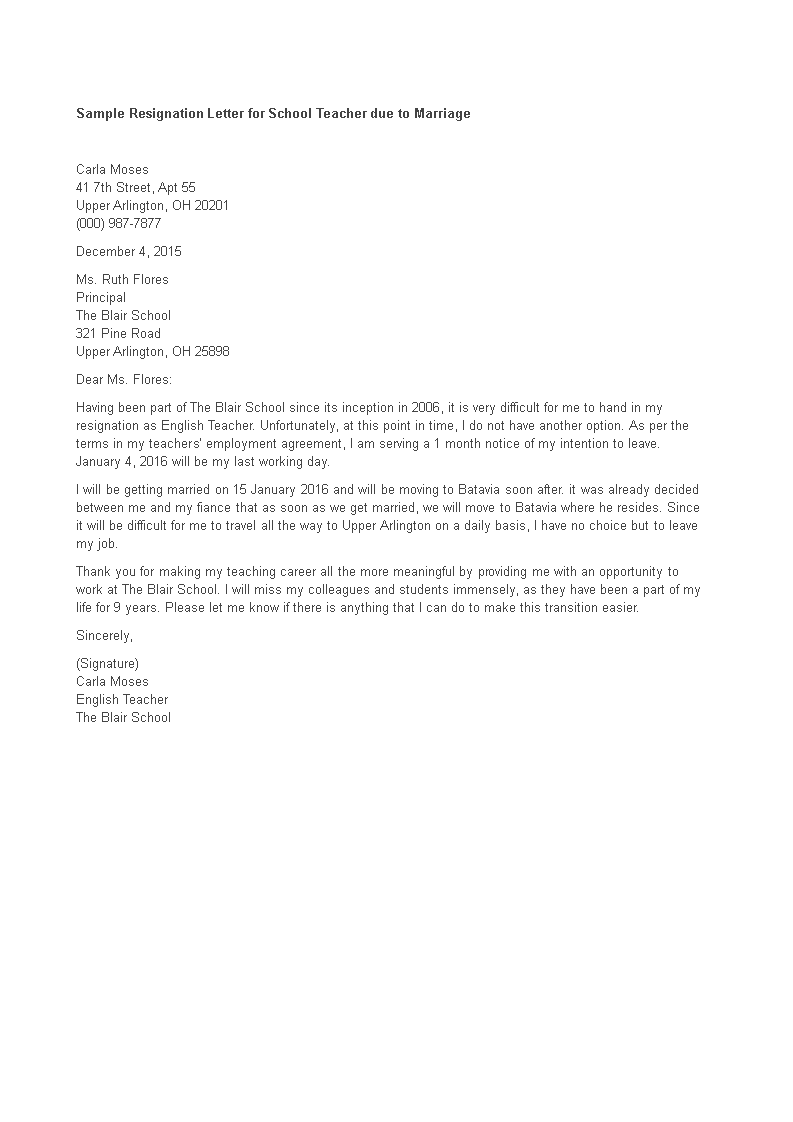 resignation letter with reason of marriage template