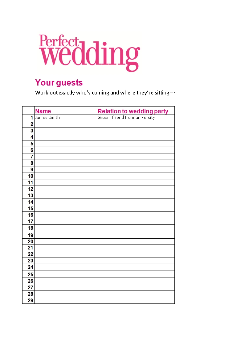 wedding guest list template sample template