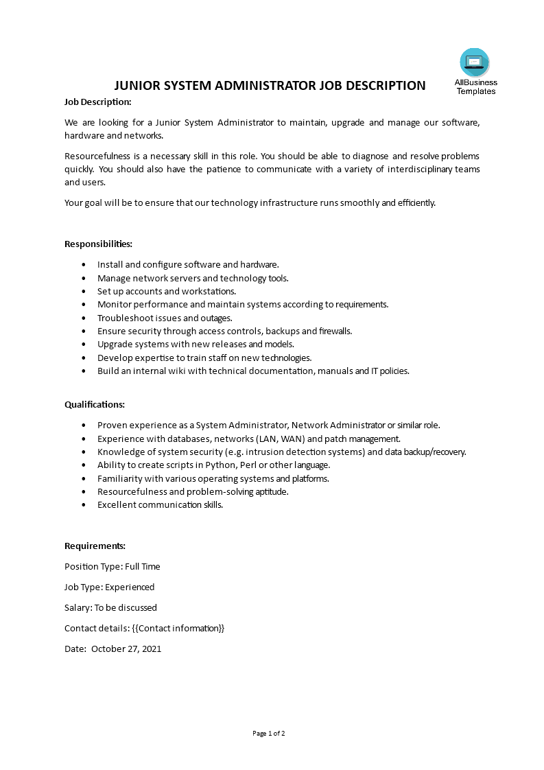 junior system administrator job description template