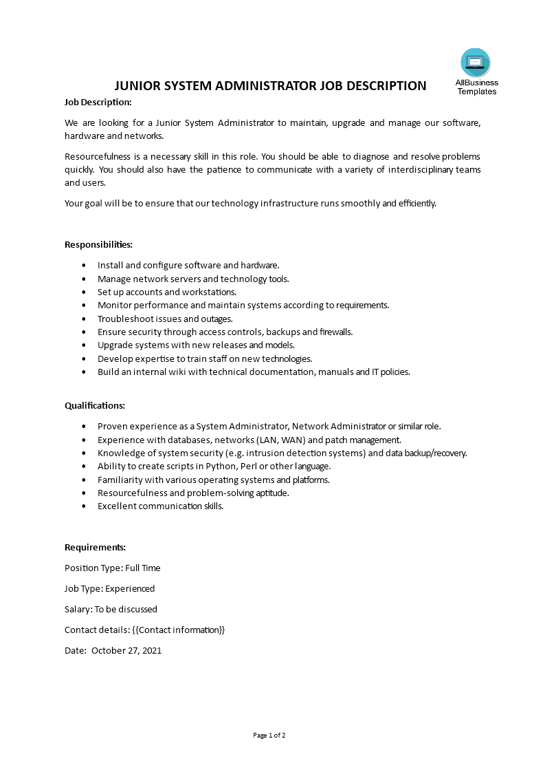 junior system administrator job description modèles