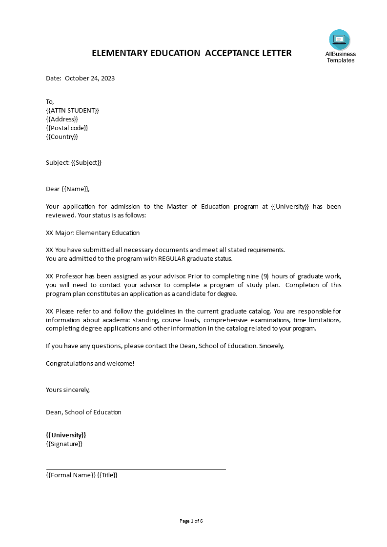 sample admission offer acceptance letter Hauptschablonenbild