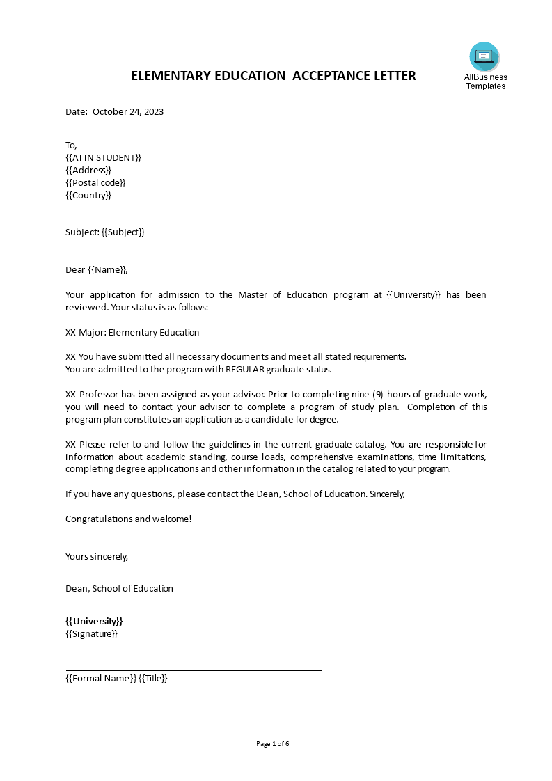 sample admission offer acceptance letter voorbeeld afbeelding 