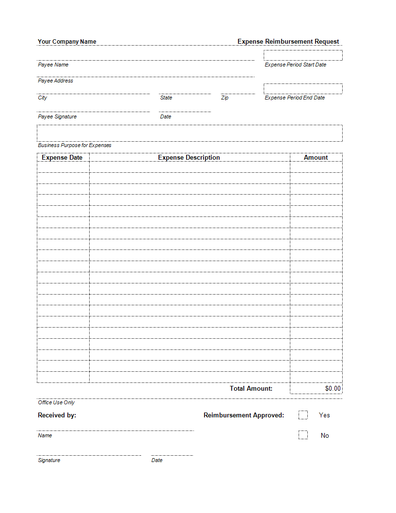 Expense Reimbursement spreadsheet report main image