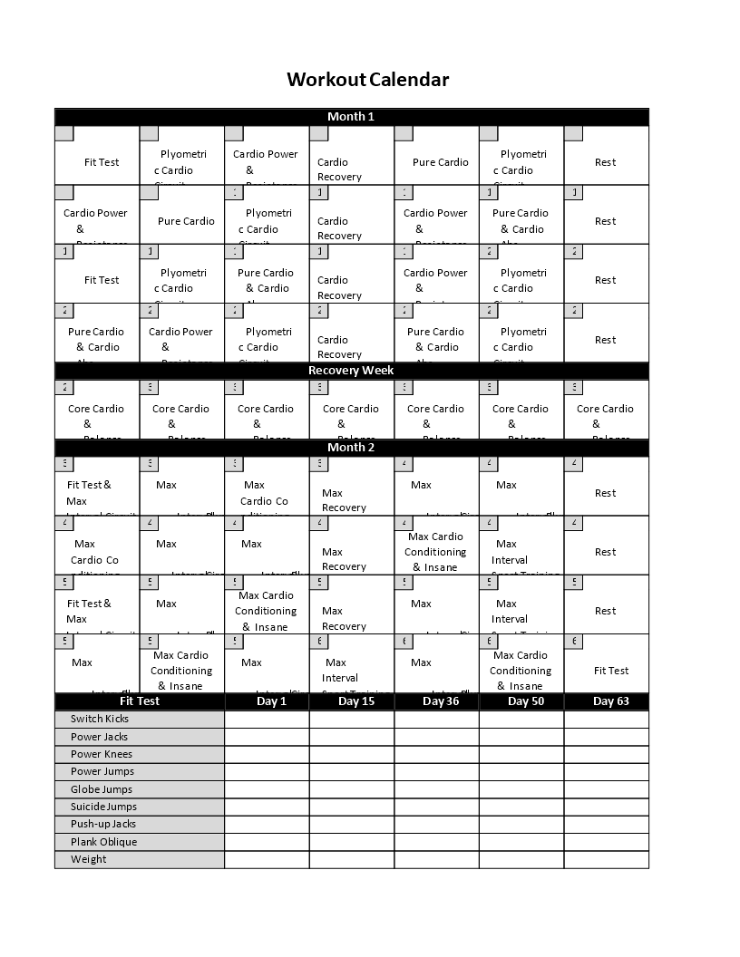 Workout Insanity Calendar 模板