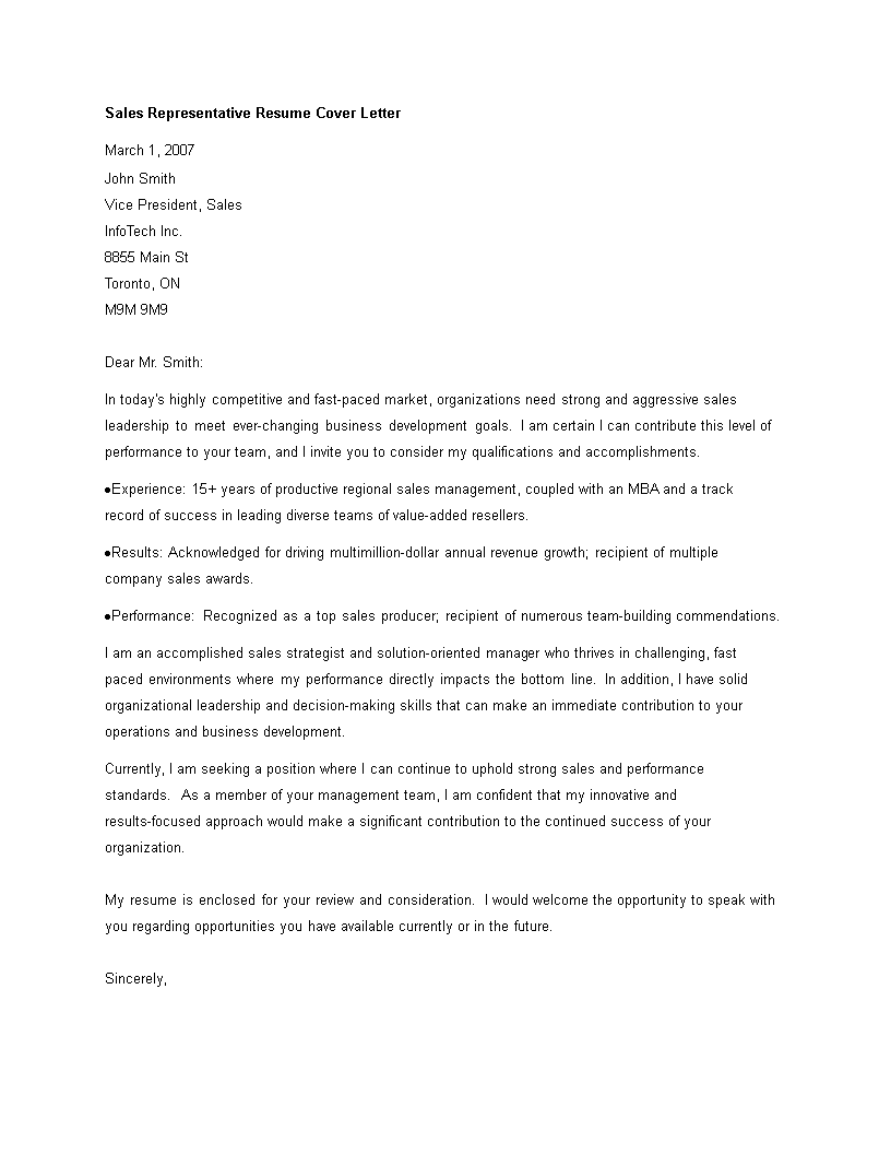 cover letter for sales representative examples