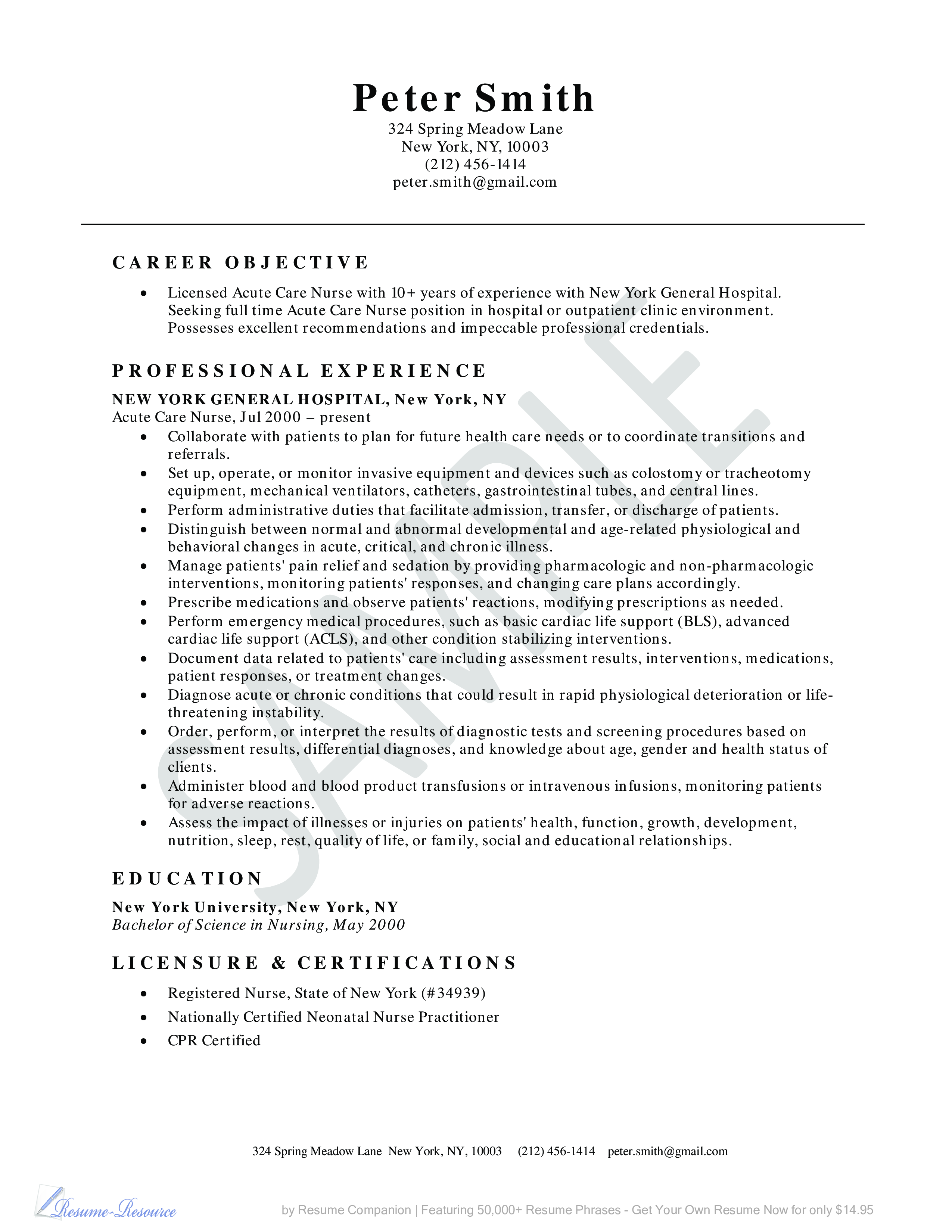 Nurse Resume Sample 模板