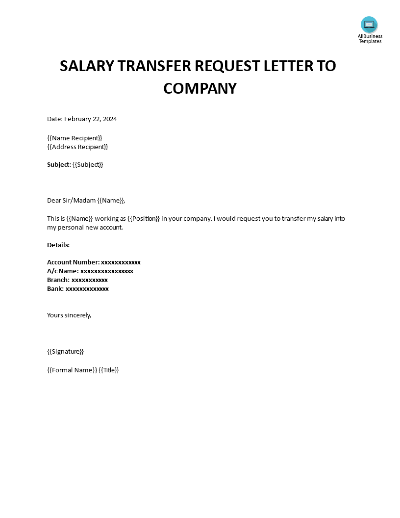 salary transfer request letter to company template