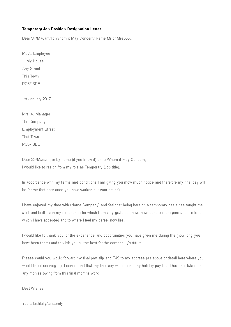 resignation letter for temporary position modèles