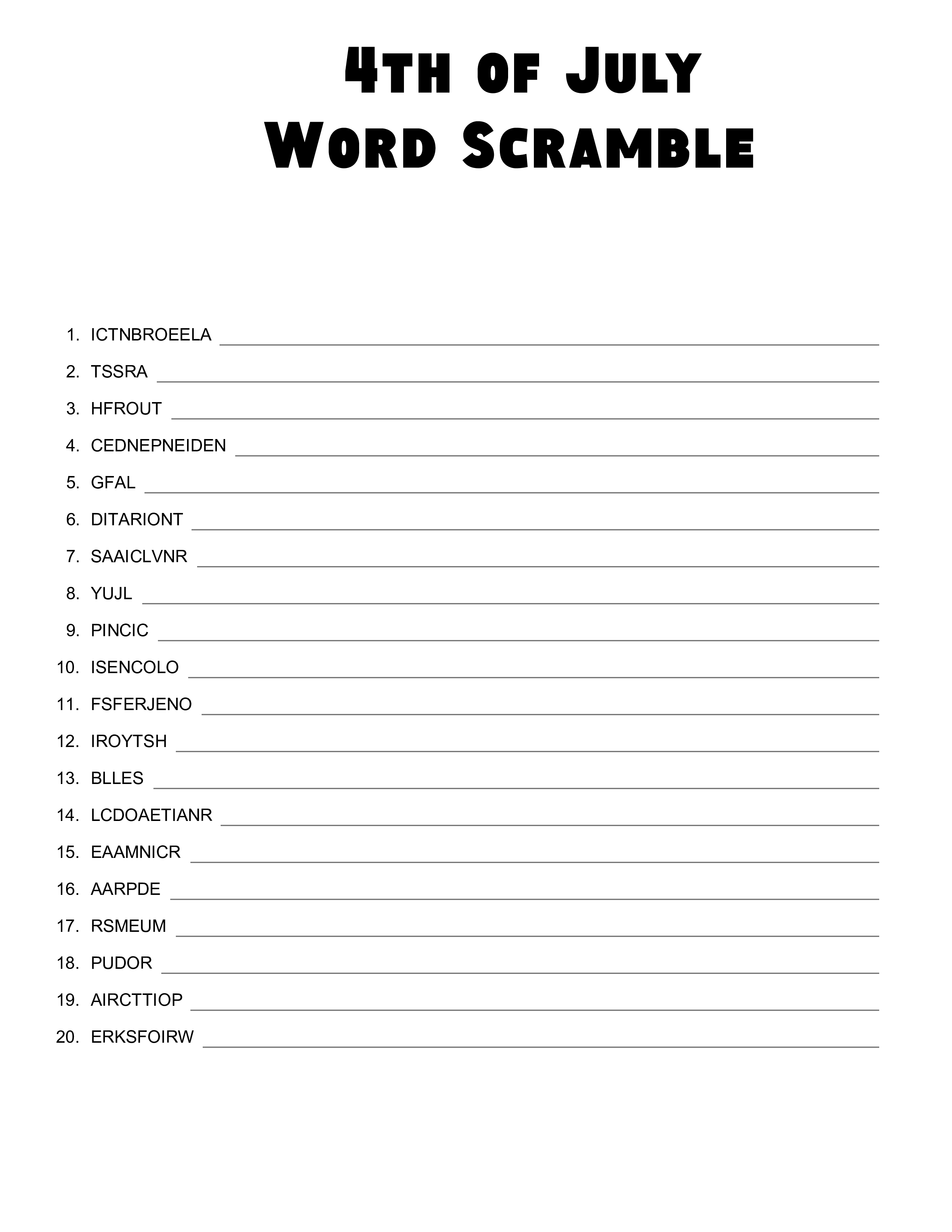 4th of july word scramble template