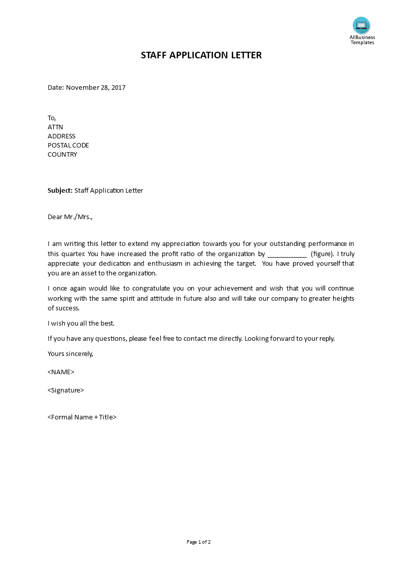 staff appreciation letter outstanding performance plantilla imagen principal