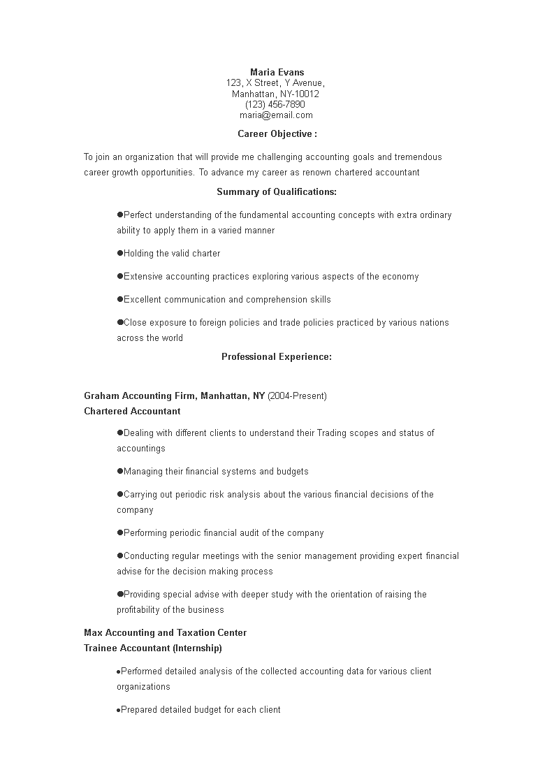 chartered accountant internship resume template