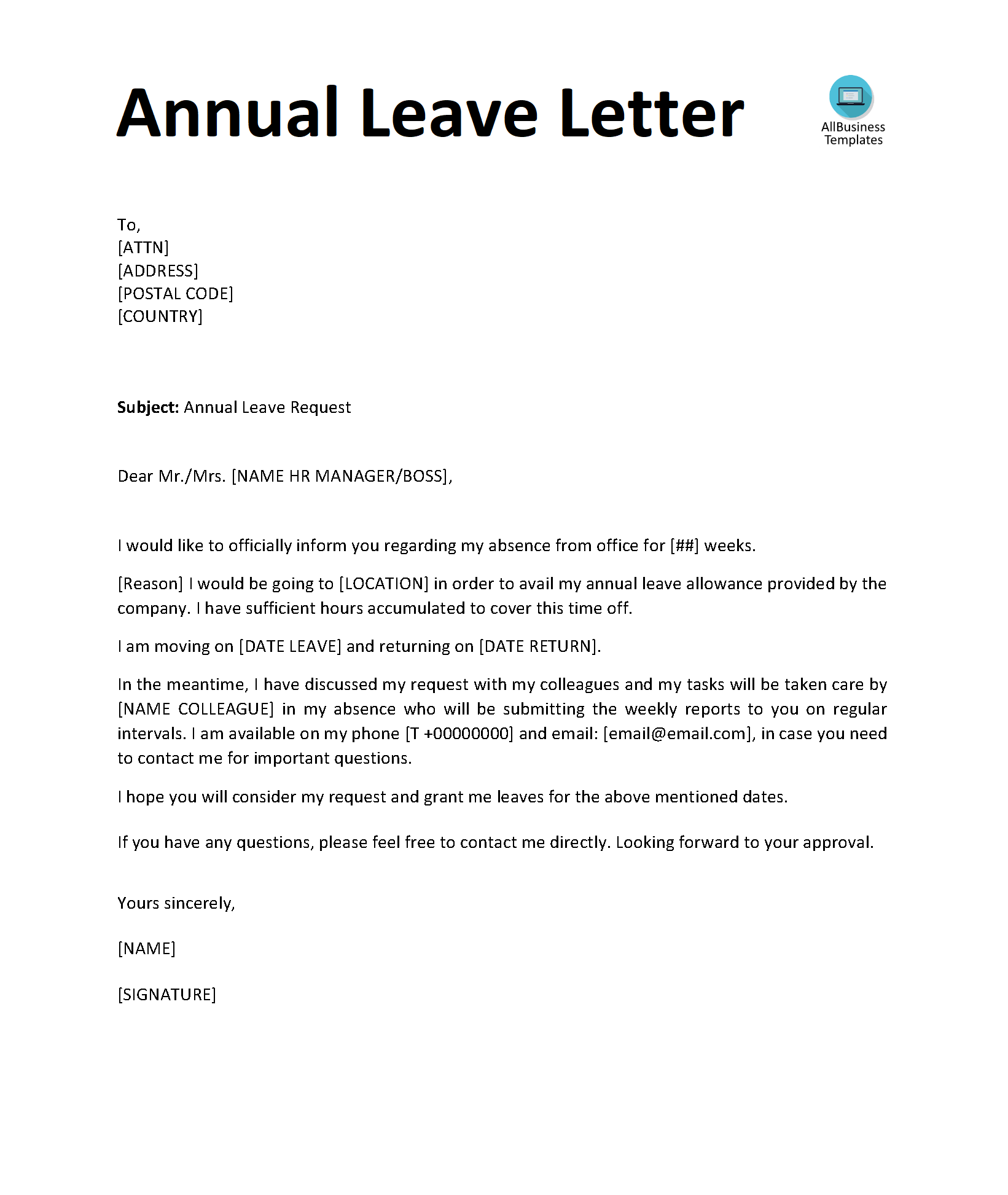 annual leave letter modèles