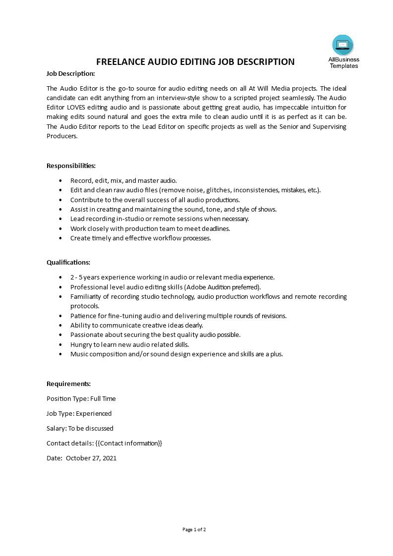 freelance audio editing job description template