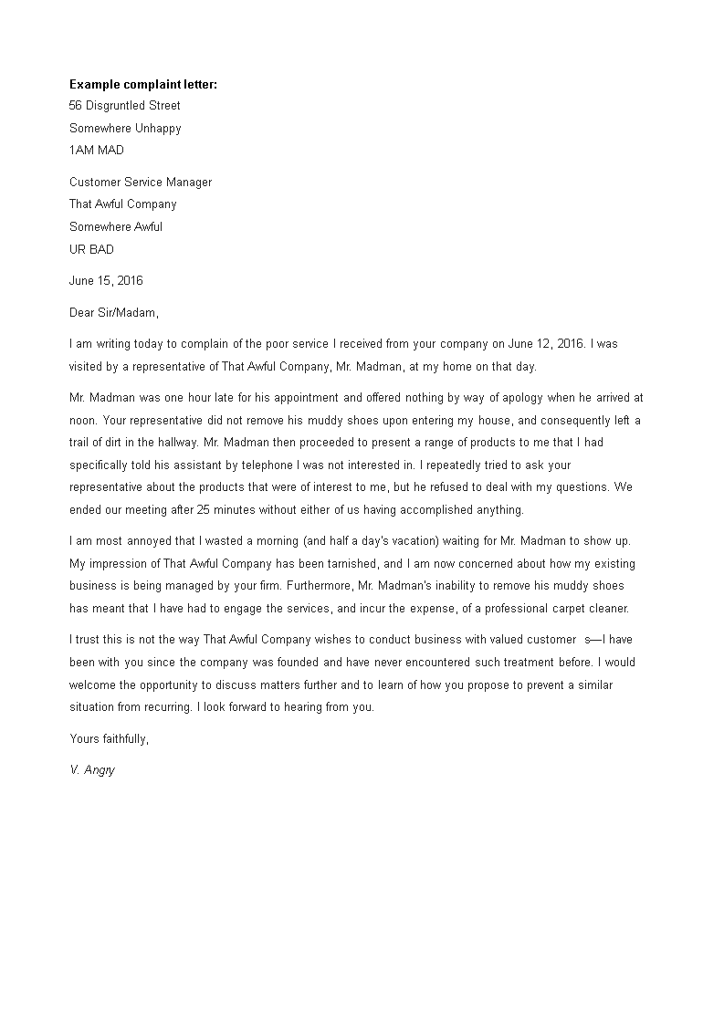 Kostenloses Example Complaint Letter