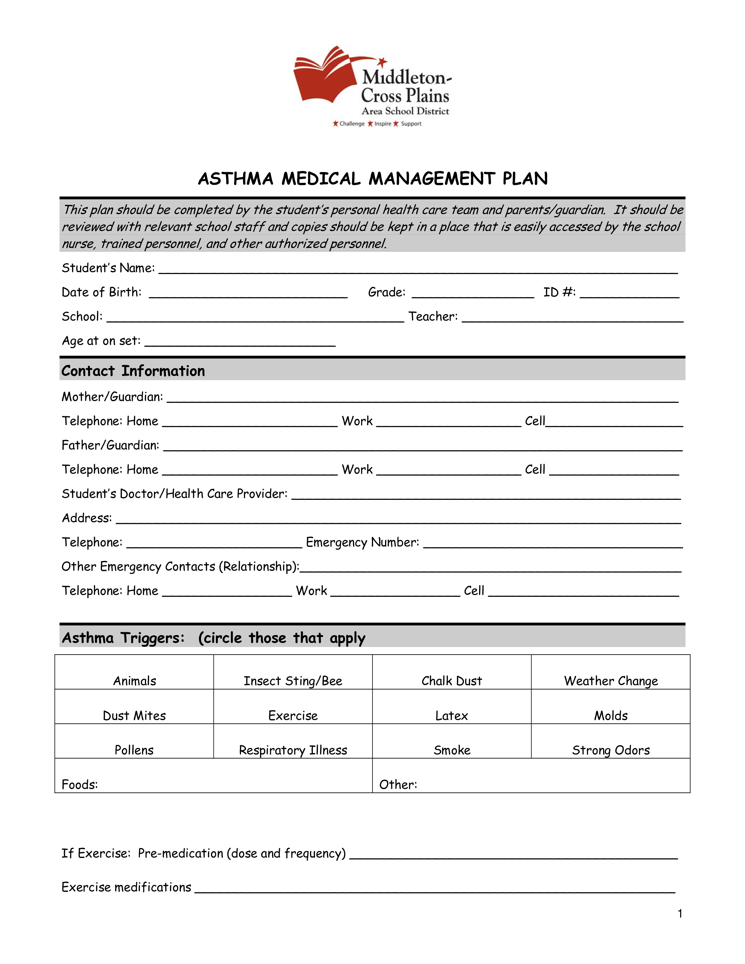 Asthma Medical Management Plan 模板