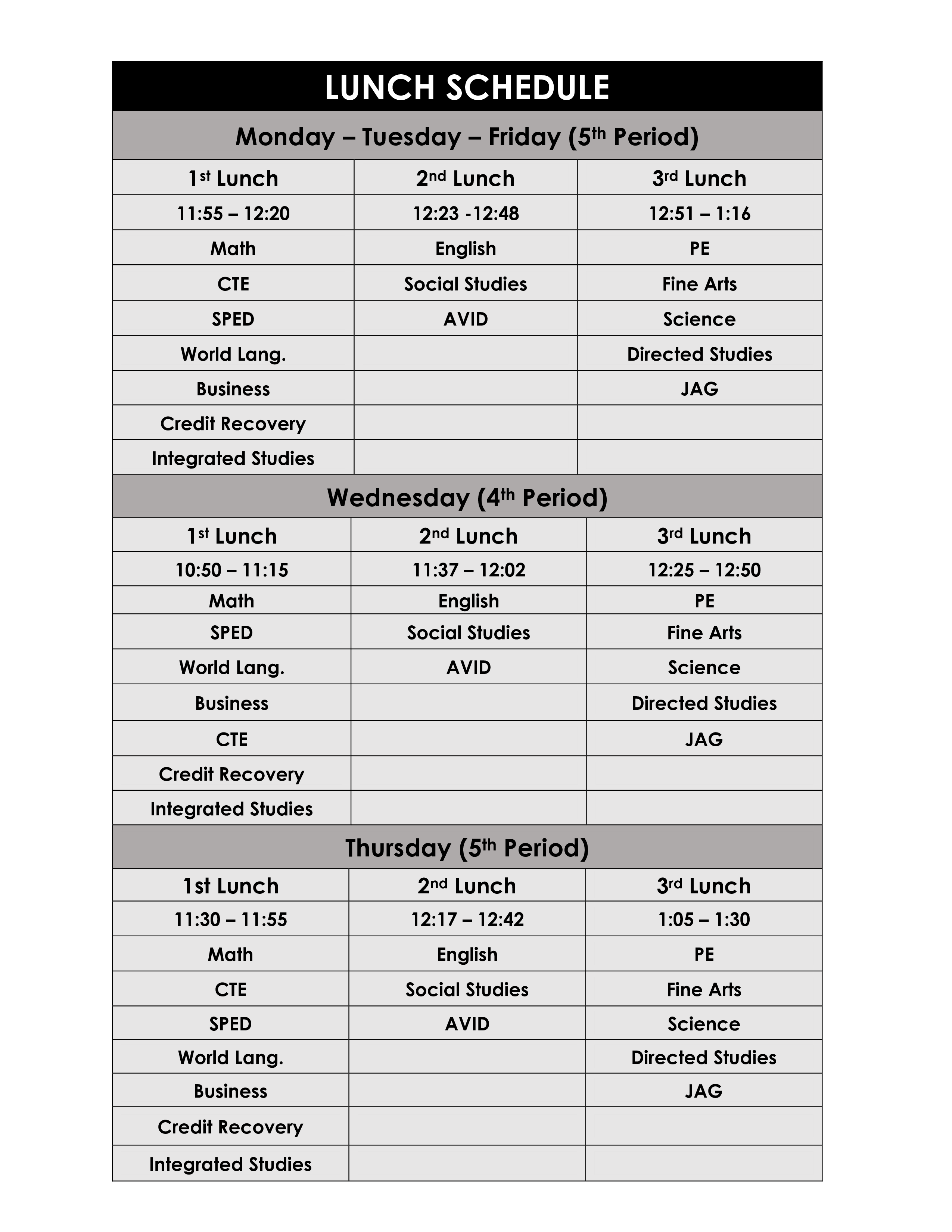 lunch schedule sample modèles