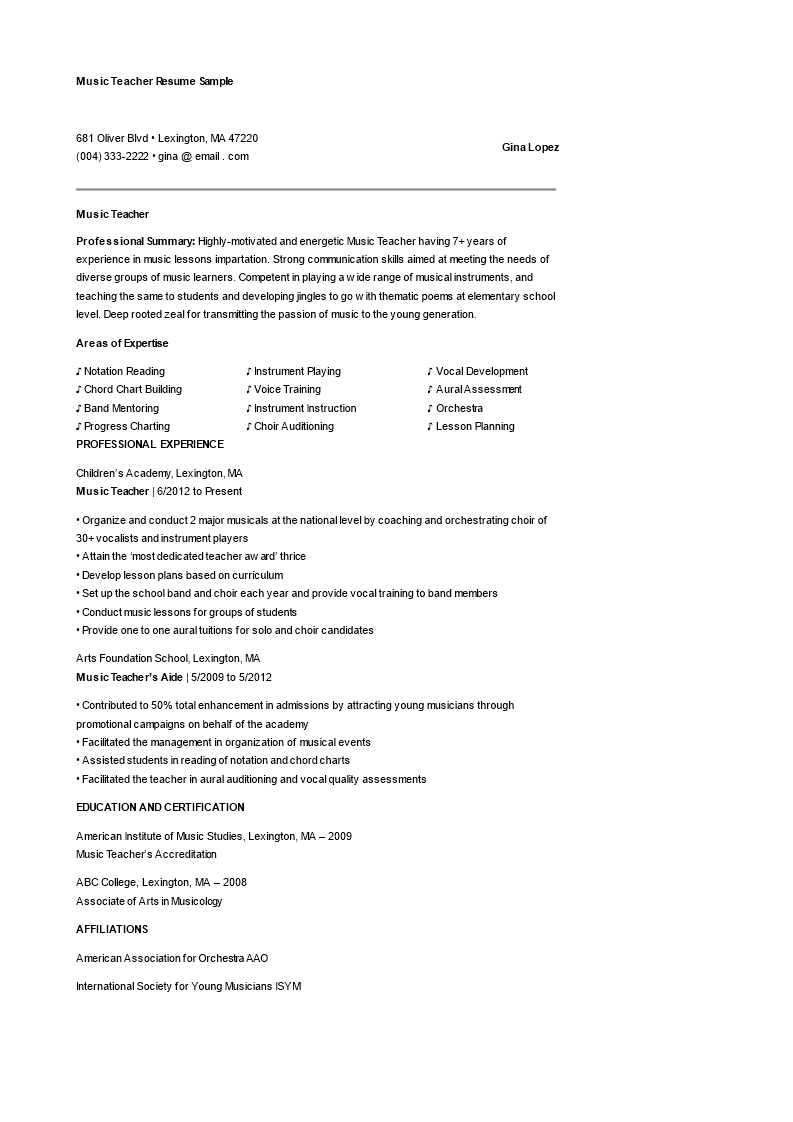 Music Teacher Resume 模板