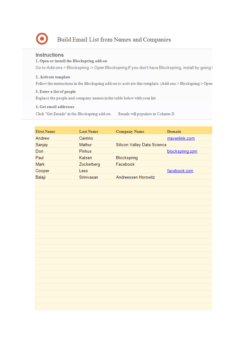 email list template worksheet excel 模板