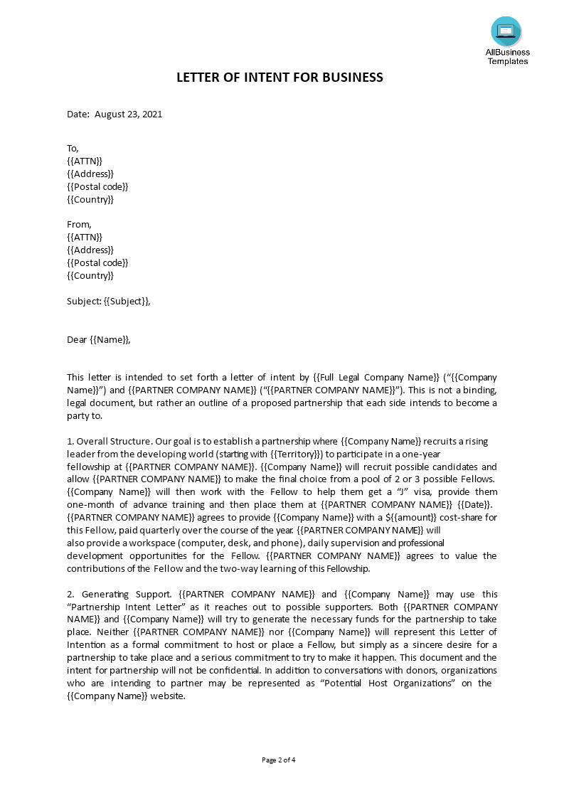 Business Partnership Letter Of Intent - Premium Schablone In Business Partnership Proposal Letter Template