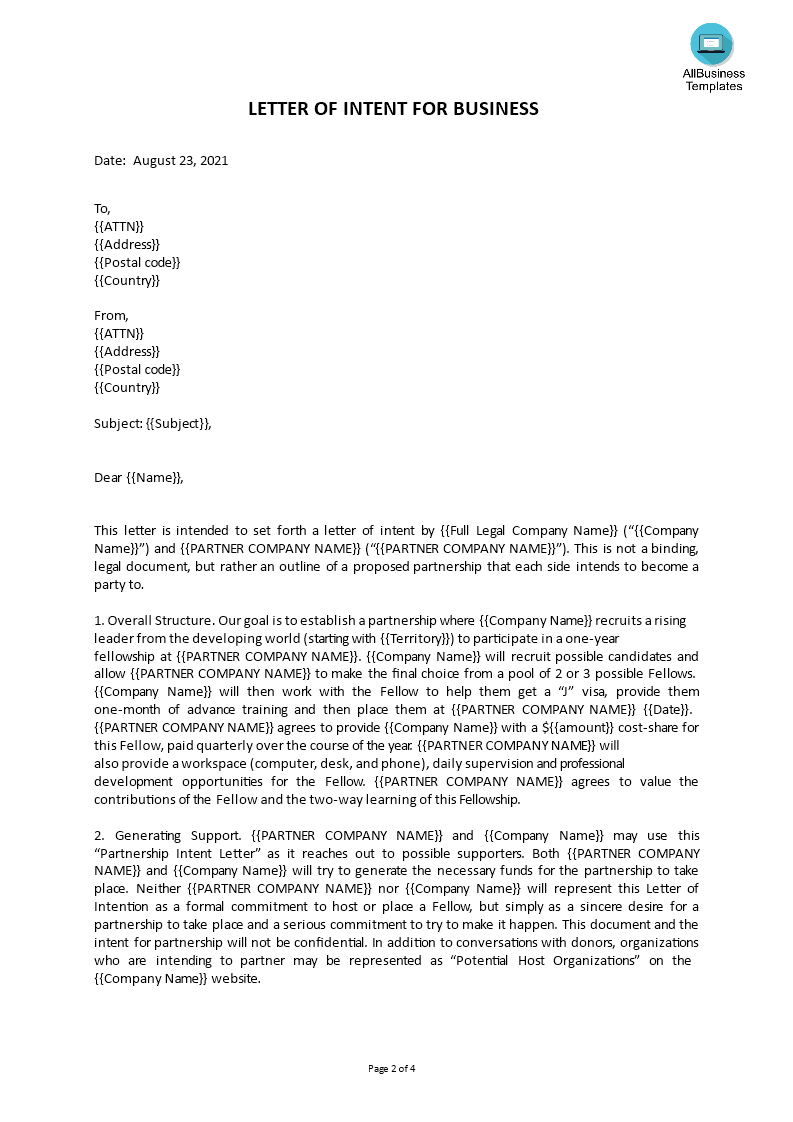 Business Partnership Letter Of Intent - Premium Schablone With Business Partnership Proposal Template