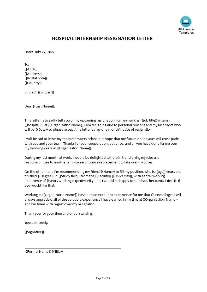 hospital internship resignation letter template