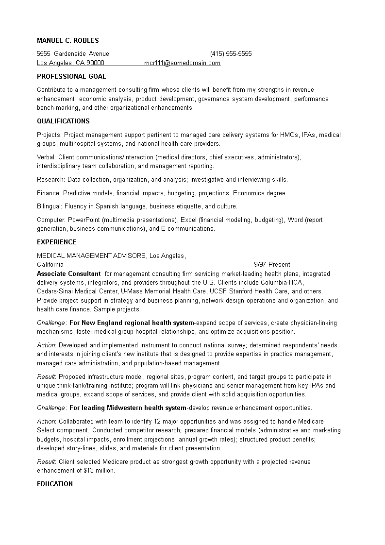 entry level management consulting resume modèles