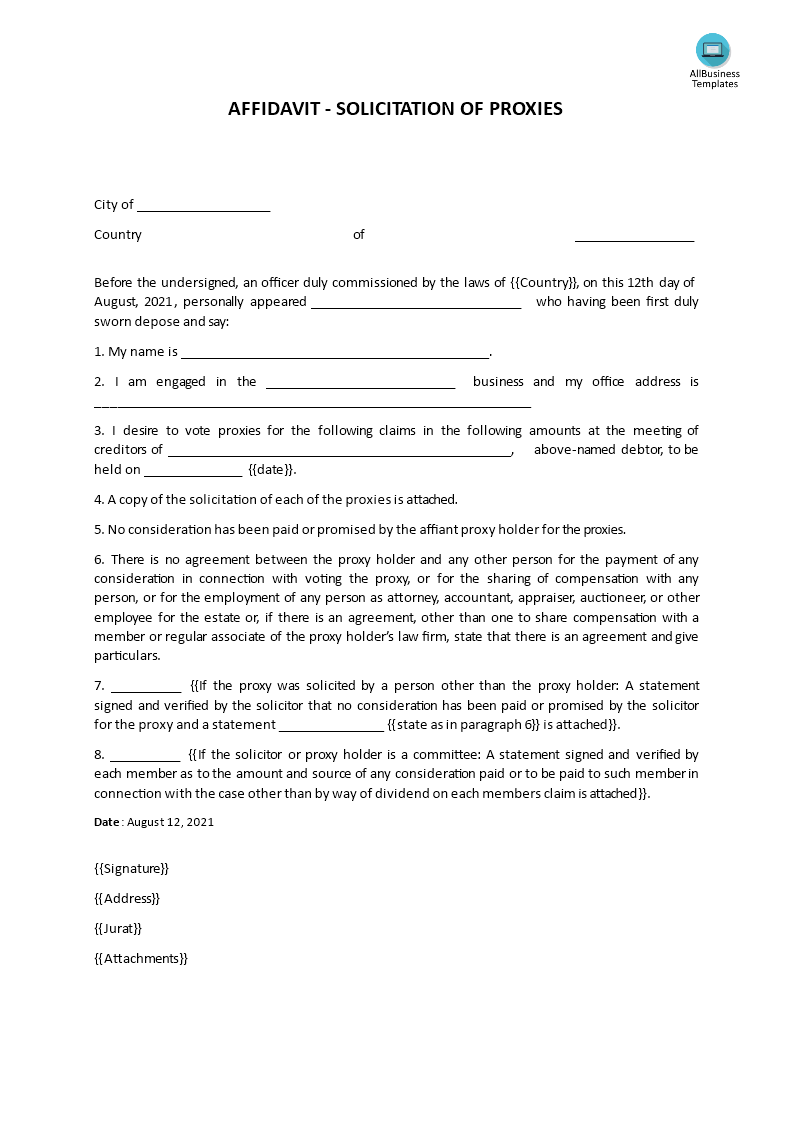 Affidavit Solicitation of Proxies  Templates at allbusinesstemplates