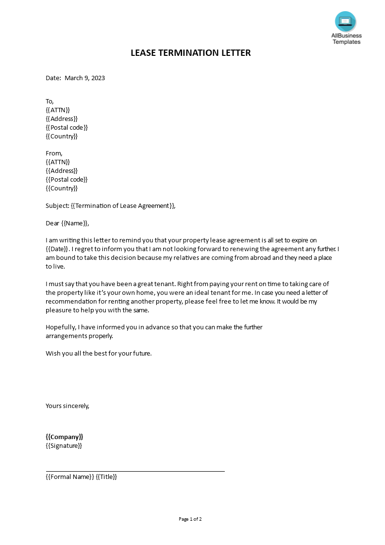 lease termination letter sample voorbeeld afbeelding 