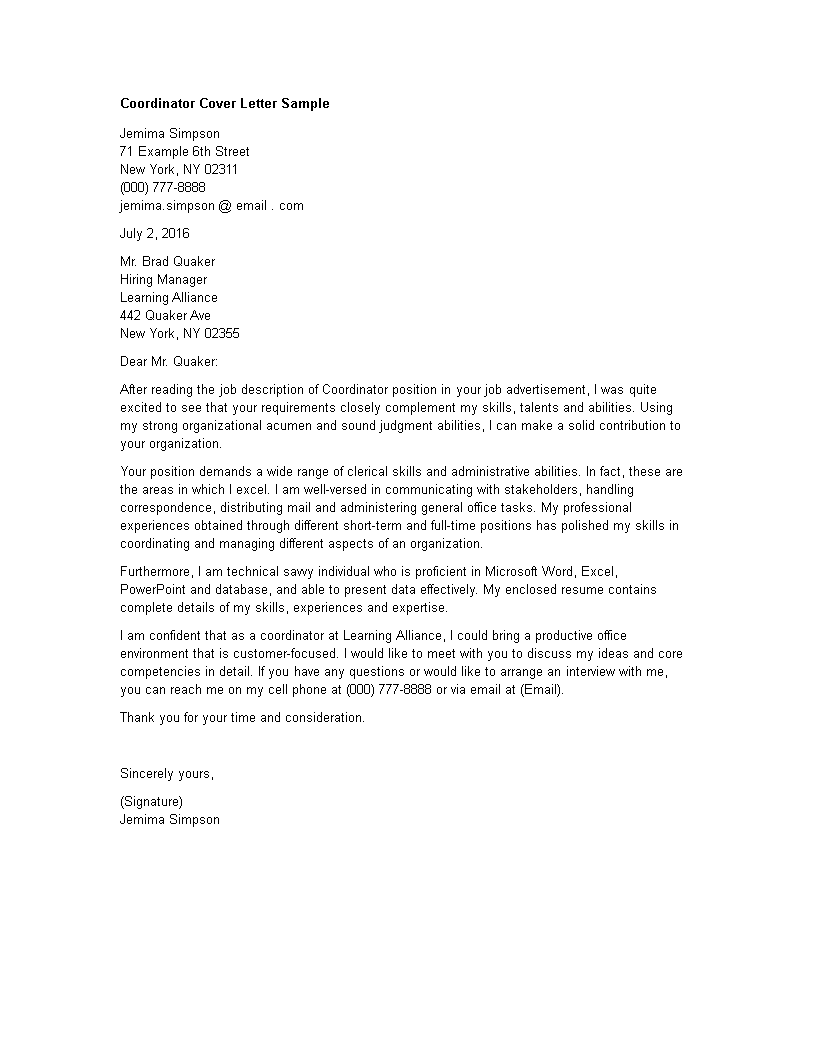 Engineering Coordinator Cover Letter main image