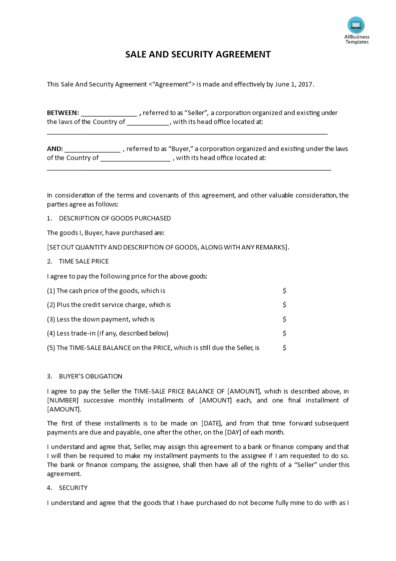 Sale And Security Agreement Templates at allbusinesstemplates.com Within credit purchase agreement template Sale And Security Agreement Templates at allbusinesstemplates.com Within credit purchase agreement template