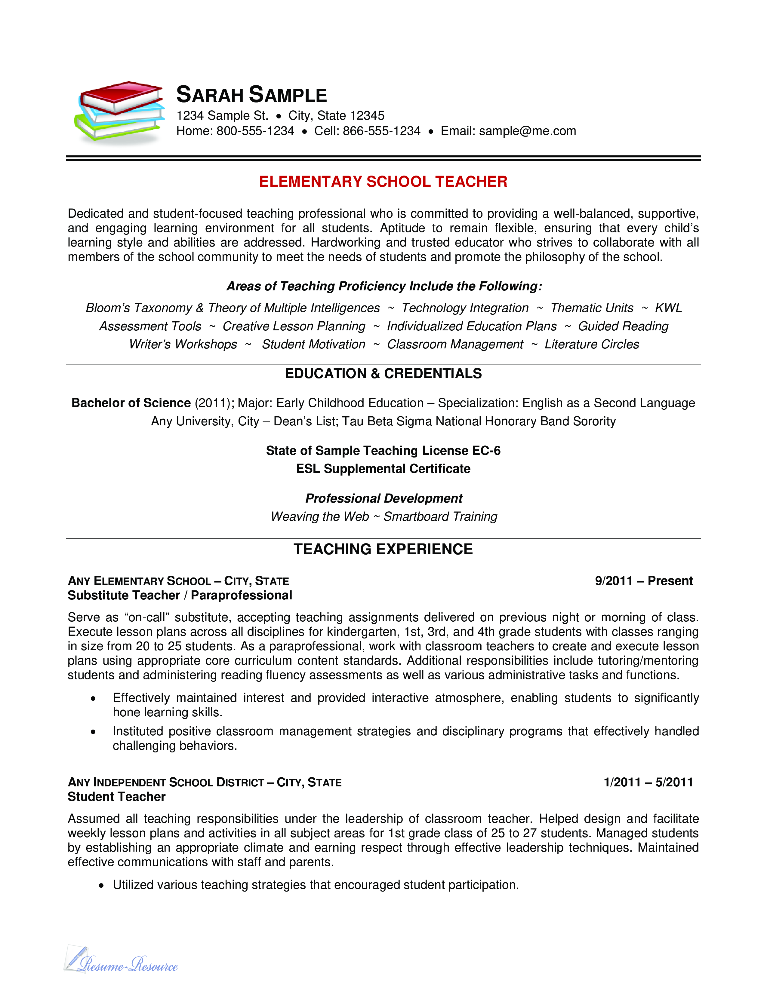 Sample Elementary School Teacher Resume main image