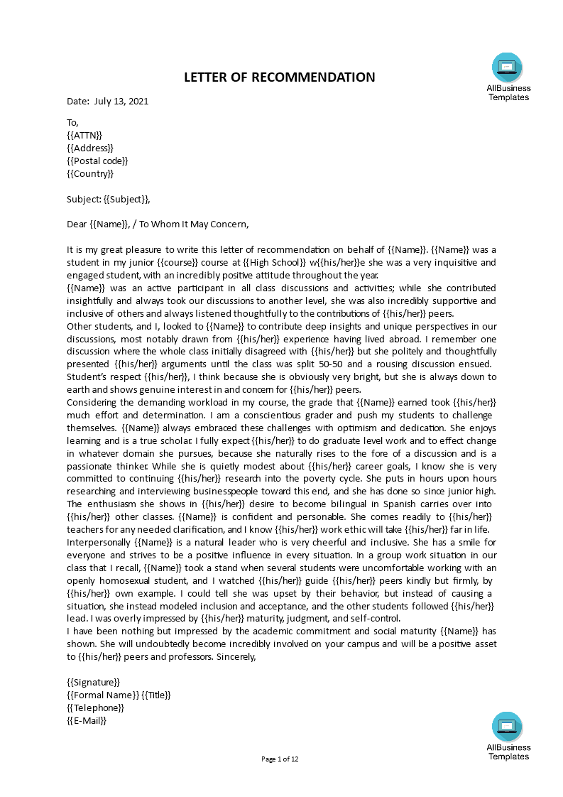 teacher letter of recommendation Hauptschablonenbild