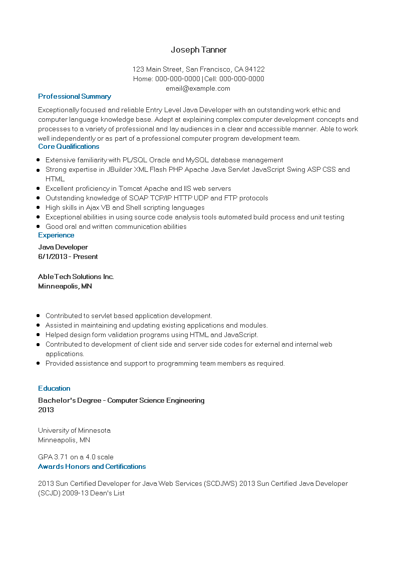 java developer fresher resume template