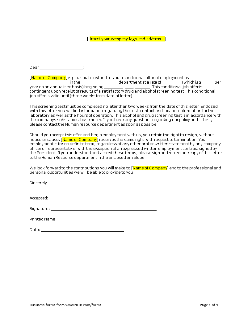 conditional job offer letter template