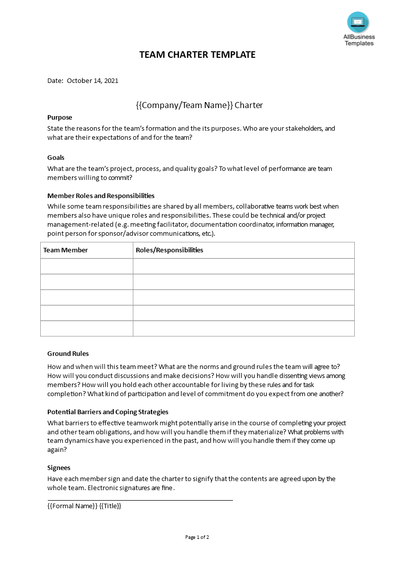 team charter template voorbeeld afbeelding 