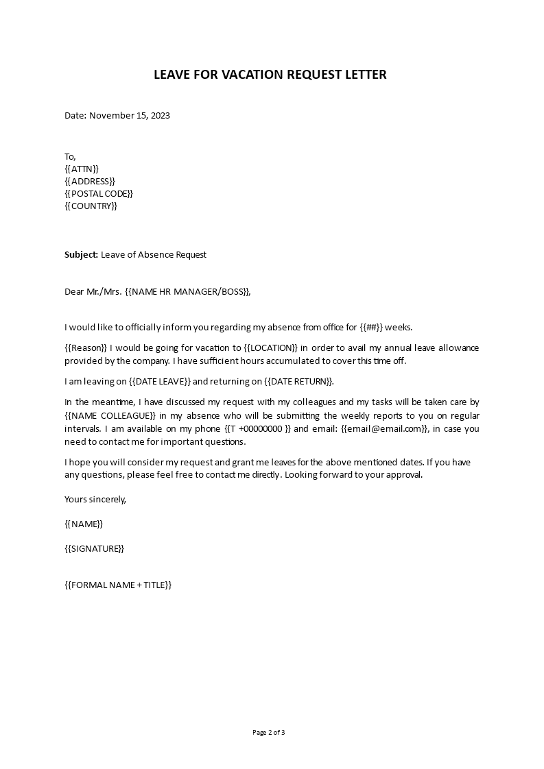 leave for vacation letter template