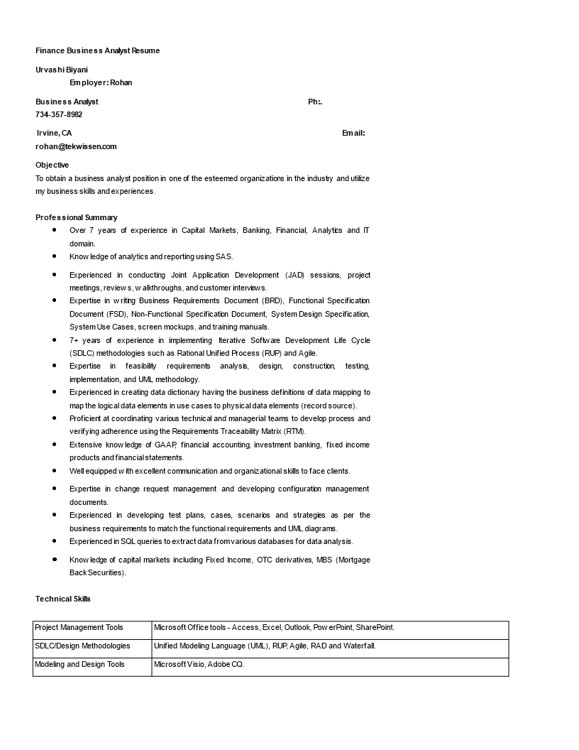 finance business analyst resume modèles