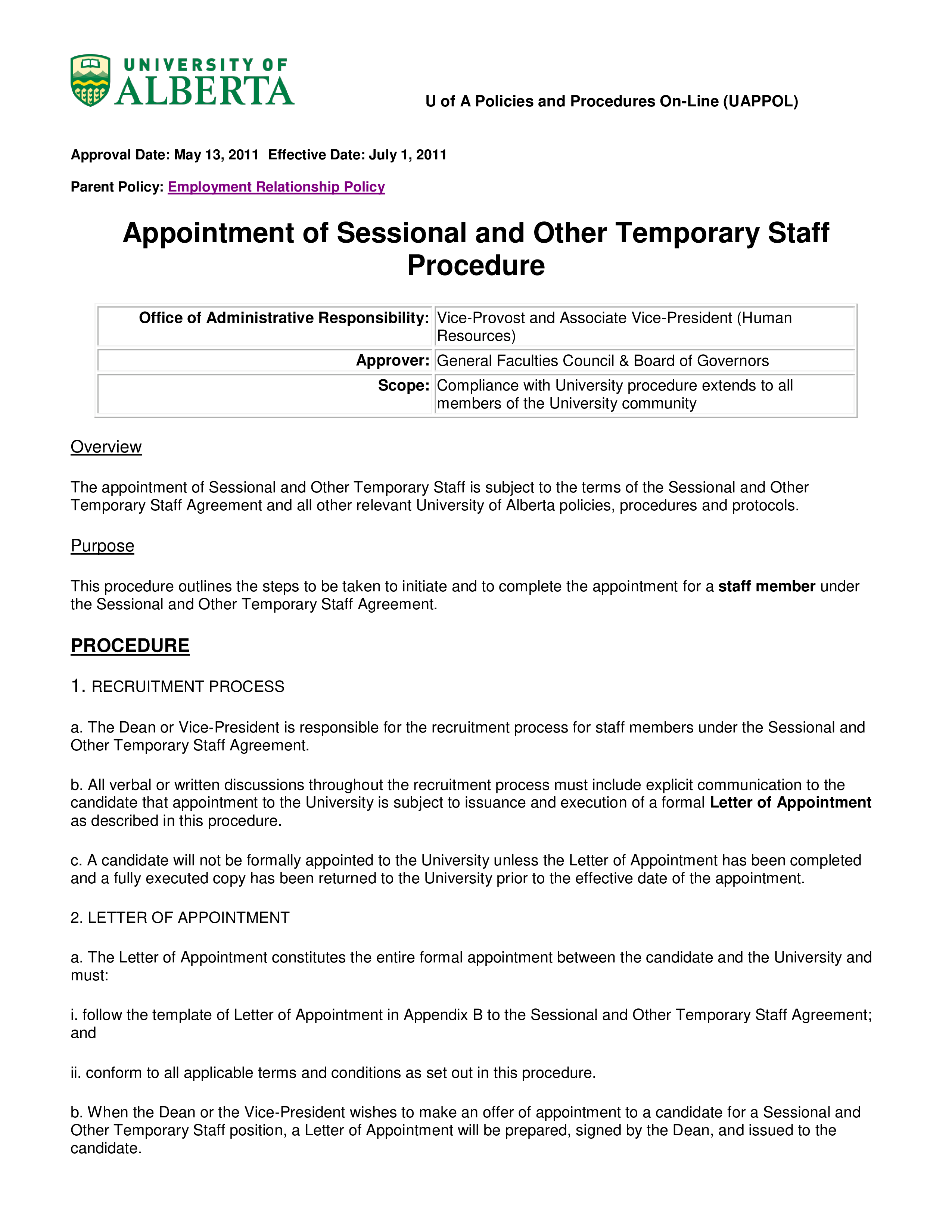 appointment letter for temporary staff template