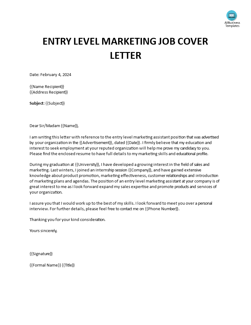 Entry Level Marketing Job Cover Letter main image
