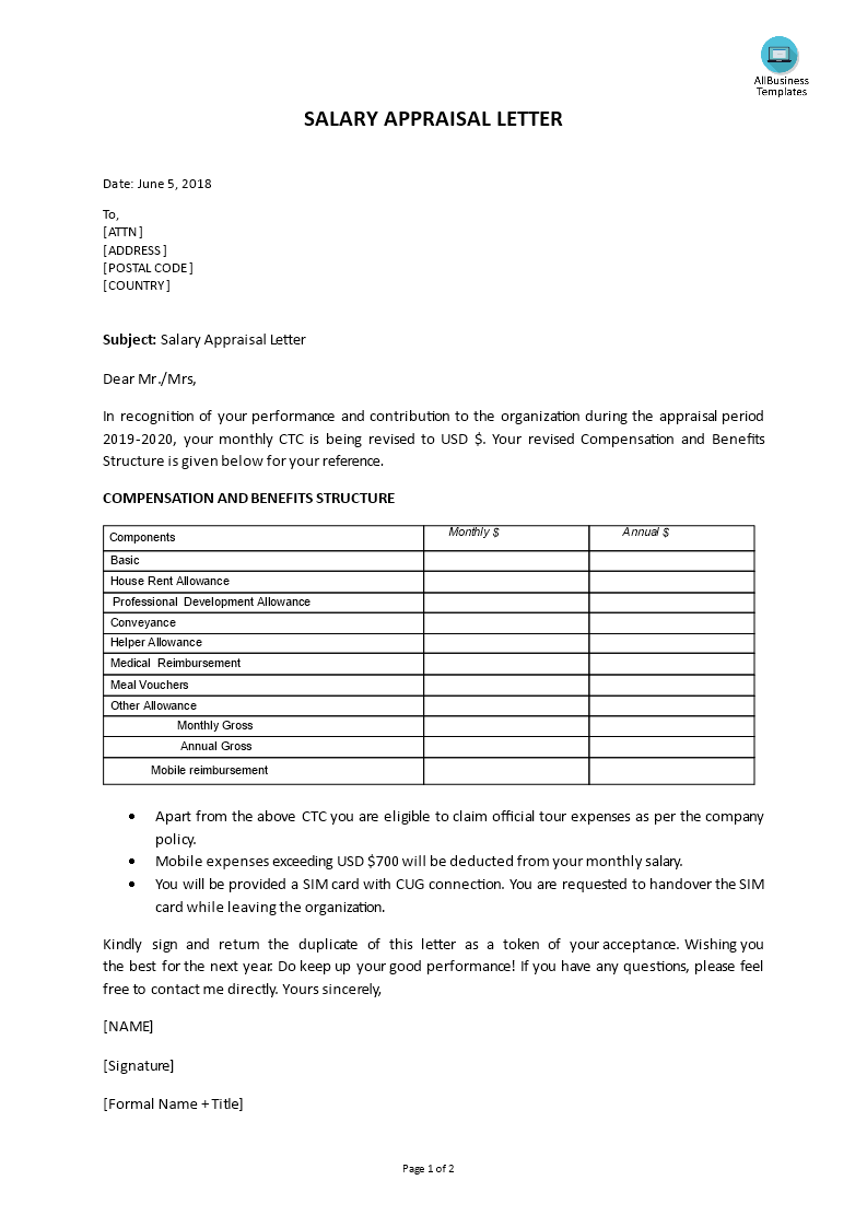 Salary Appraisal Letter sample 模板