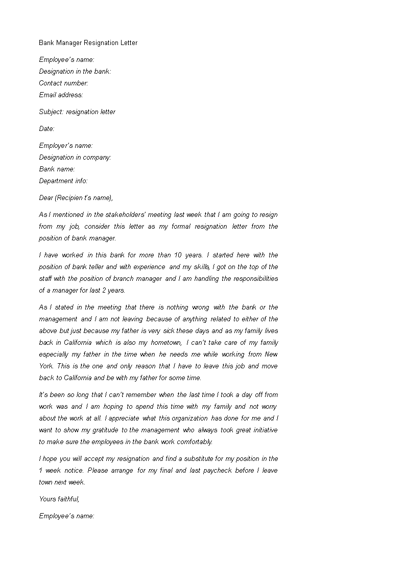 bank manager resignation letter template
