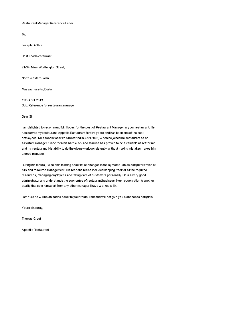 Restaurant Manager Reference Letter main image