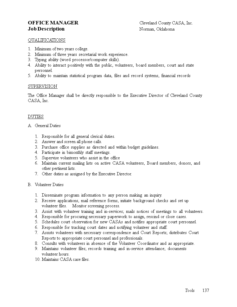 sample office manager job description template