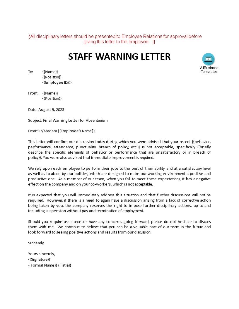 poor performance and attendance warning letter template