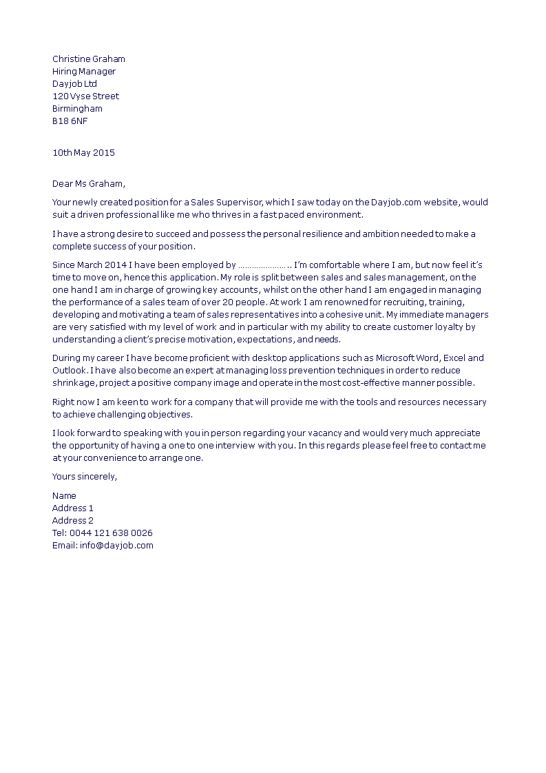 application letter for d post of a supervisor